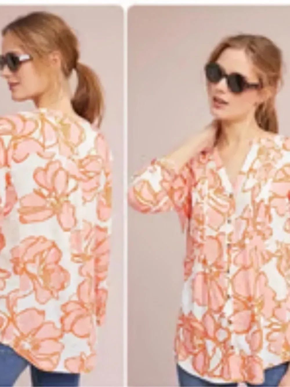 Anthropologie Pilcro Floral Button-Up Blouse in Peach & White